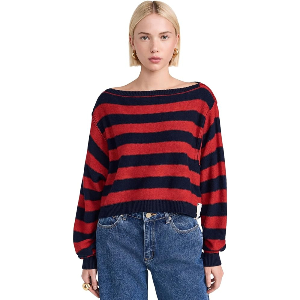 Free People We The Free Into The Blue Pullover Sweater NWT Navy Red Stripe